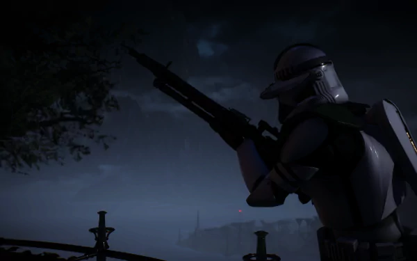 Scout trooper silhouetted against a dark, misty Kashyyyk landscape from Star Wars Battlefront II (2017) in an HD PC desktop wallpaper.