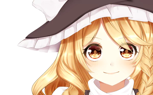 Close-up anime portrait of Marisa Kirisame (Touhou), smiling with braided blonde hair and a witch hat — 2K Quad HD PC desktop wallpaper/background.