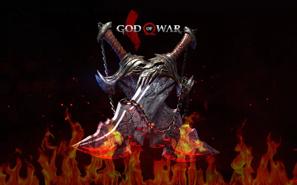 HD desktop wallpaper of the video game God of War, featuring crossed battle axes with flames in the foreground.