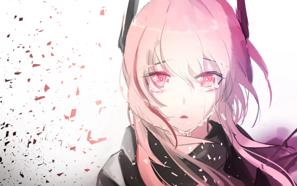 HD desktop wallpaper featuring M4 Sopmod II from the video game Girls Frontline, showcasing a close-up of the character with pink hair and red eyes against a white background with abstract shattering effects.