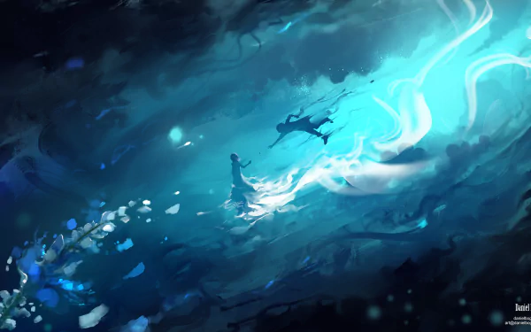 A mesmerizing HD desktop wallpaper featuring Luna from Final Fantasy XV, immersed in a mystical, glowing blue environment, exuding a magical and ethereal atmosphere.