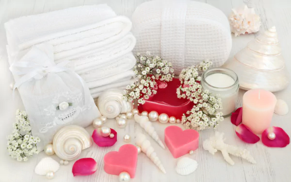 5K Ultra HD PC desktop wallpaper: spa still life of man-made bath items — white towels, sea shells, bath salt, pearl beads, heart-shaped candles and pink rose petals with delicate flowers.