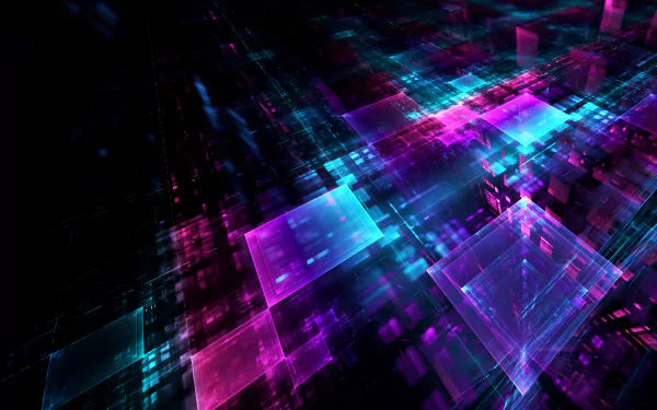 Abstract 4K Ultra HD PC desktop wallpaper featuring glowing cubes in vibrant pink and blue hues, creating a futuristic digital grid pattern.