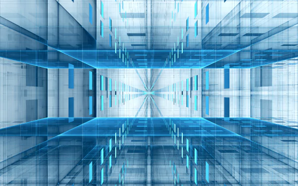 Abstract blue and white cube design with a futuristic, geometric perspective. 4K Ultra HD PC desktop wallpaper showcasing sharp lines and depth.