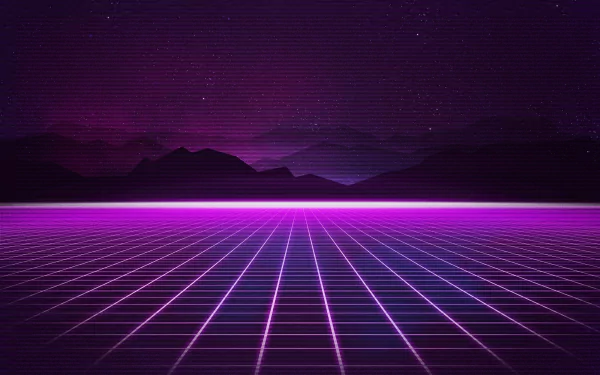 HD PC desktop wallpaper featuring a purple synthwave grid foreground with silhouetted mountains under a dark, artistic retrowave sky.