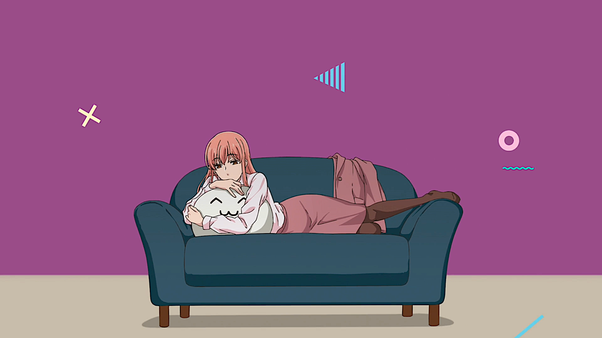 Sad Narumi Momose from Wotaku ni Koi wa Muzukashii lying on a blue sofa, hugging a white plush, with a purple background in this HD anime desktop wallpaper.