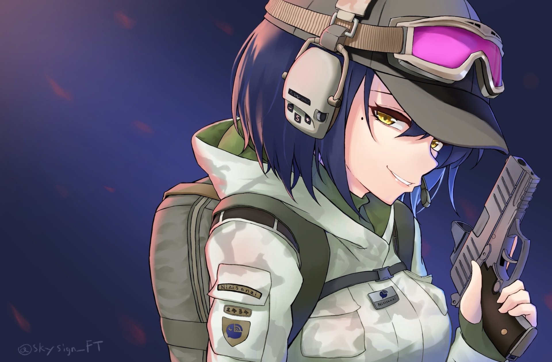 HD anime wallpaper featuring Rin Shizuka, a Virtual YouTuber, with a tactical outfit and headset, holding a handgun against a dark background with subtle glowing effects.