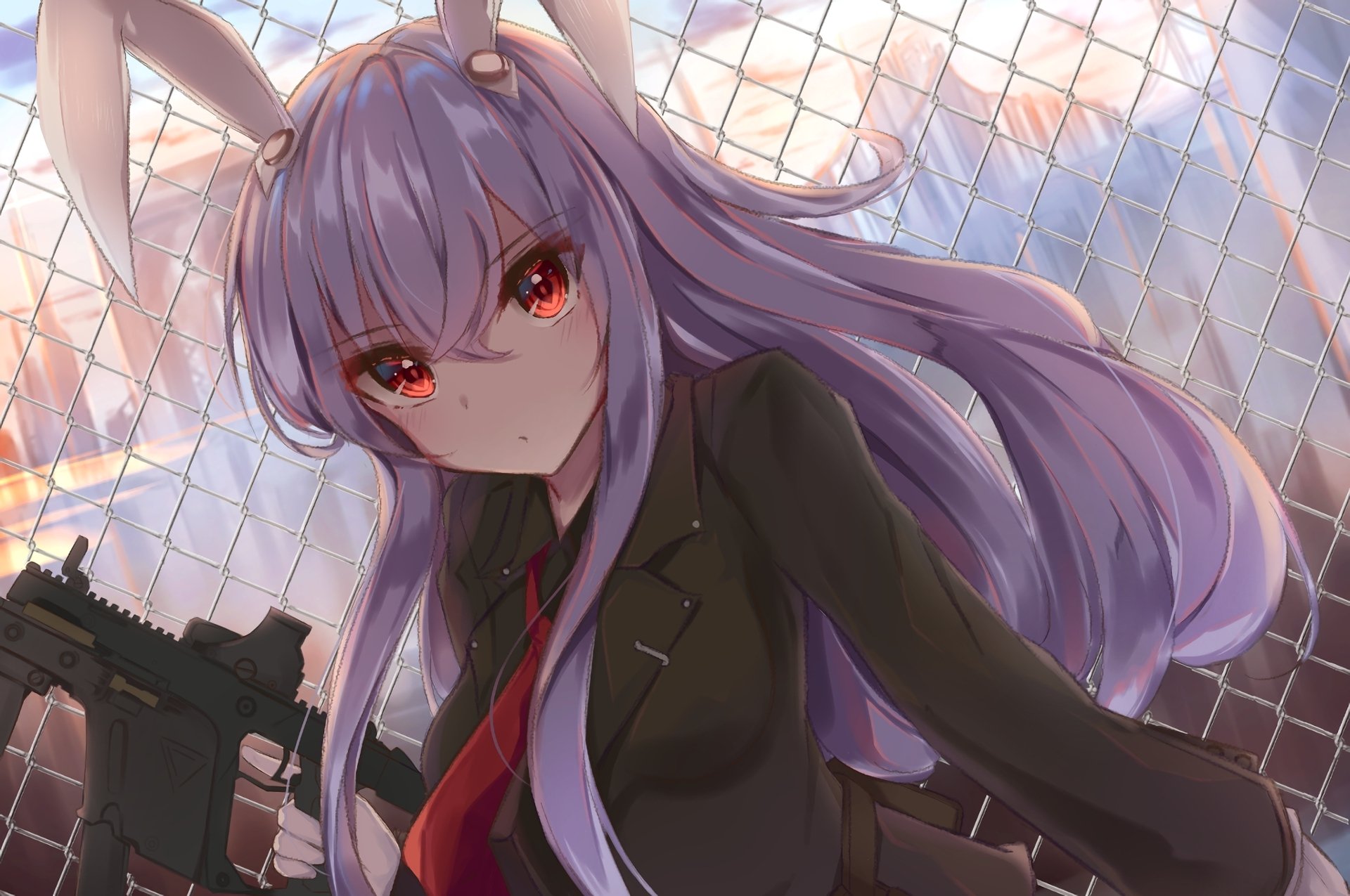Reisen Udongein Inaba from Touhou stands with a focused expression, holding a weapon against a chain-link fence backdrop in this HD anime desktop wallpaper.