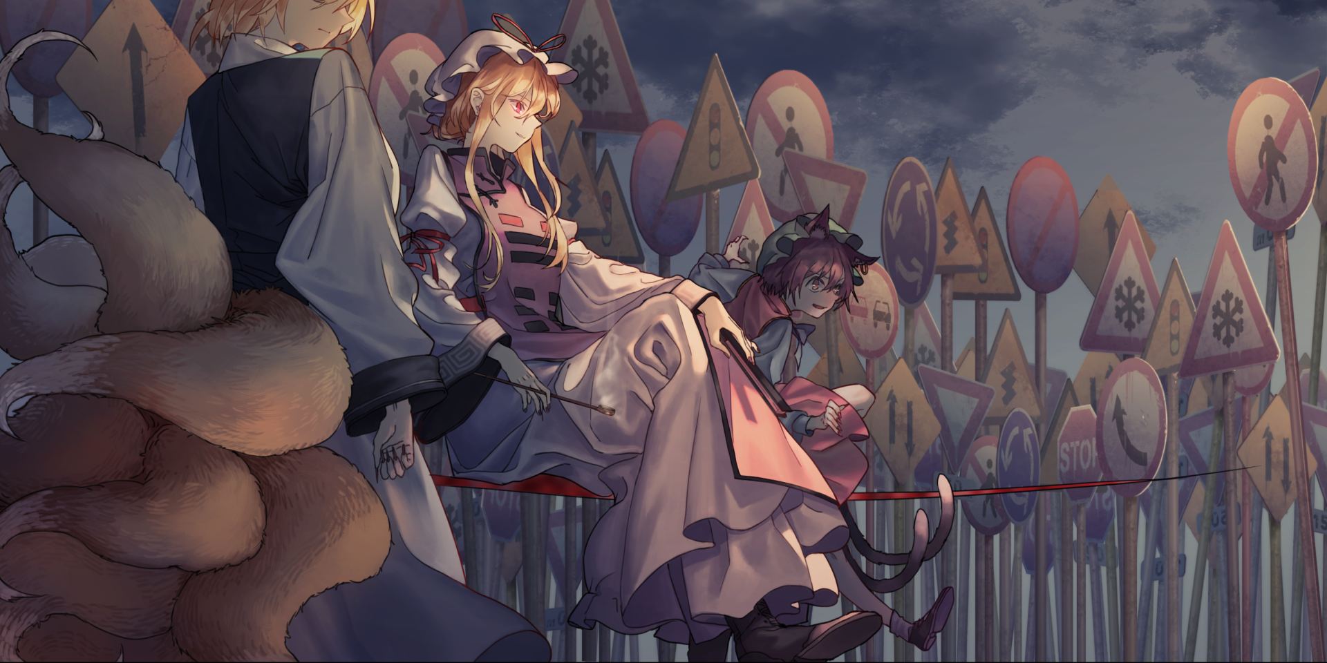 HD PC desktop wallpaper — Touhou anime scene of Yukari Yakumo and Ran Yakumo seated on a fence with Chen, dusk sky and whimsical signpost-filled background.