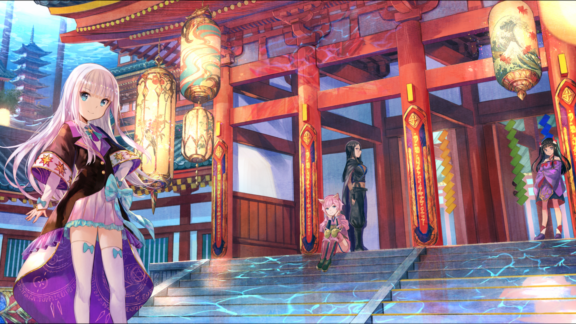 An anime-style HD wallpaper showcasing a temple adorned with colorful lanterns, featuring three characters standing on temple steps.