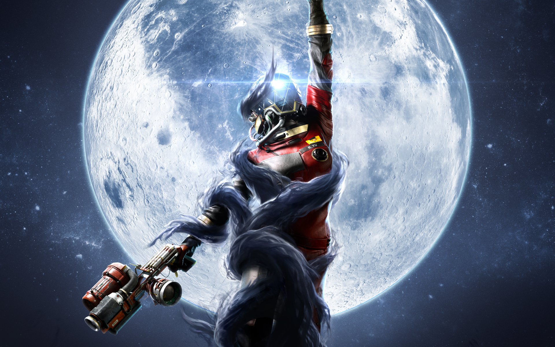 4K Ultra HD PC wallpaper featuring a dynamic character from the video game Prey against a glowing full moon backdrop.