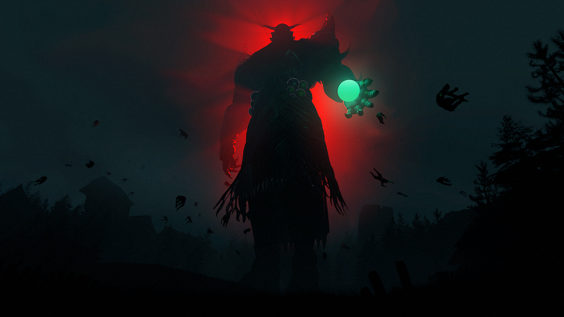 A dark giant demon shrouded in shadows holds a glowing green orb, set against a red-lit night sky in this 4K Ultra HD magic-themed desktop wallpaper.