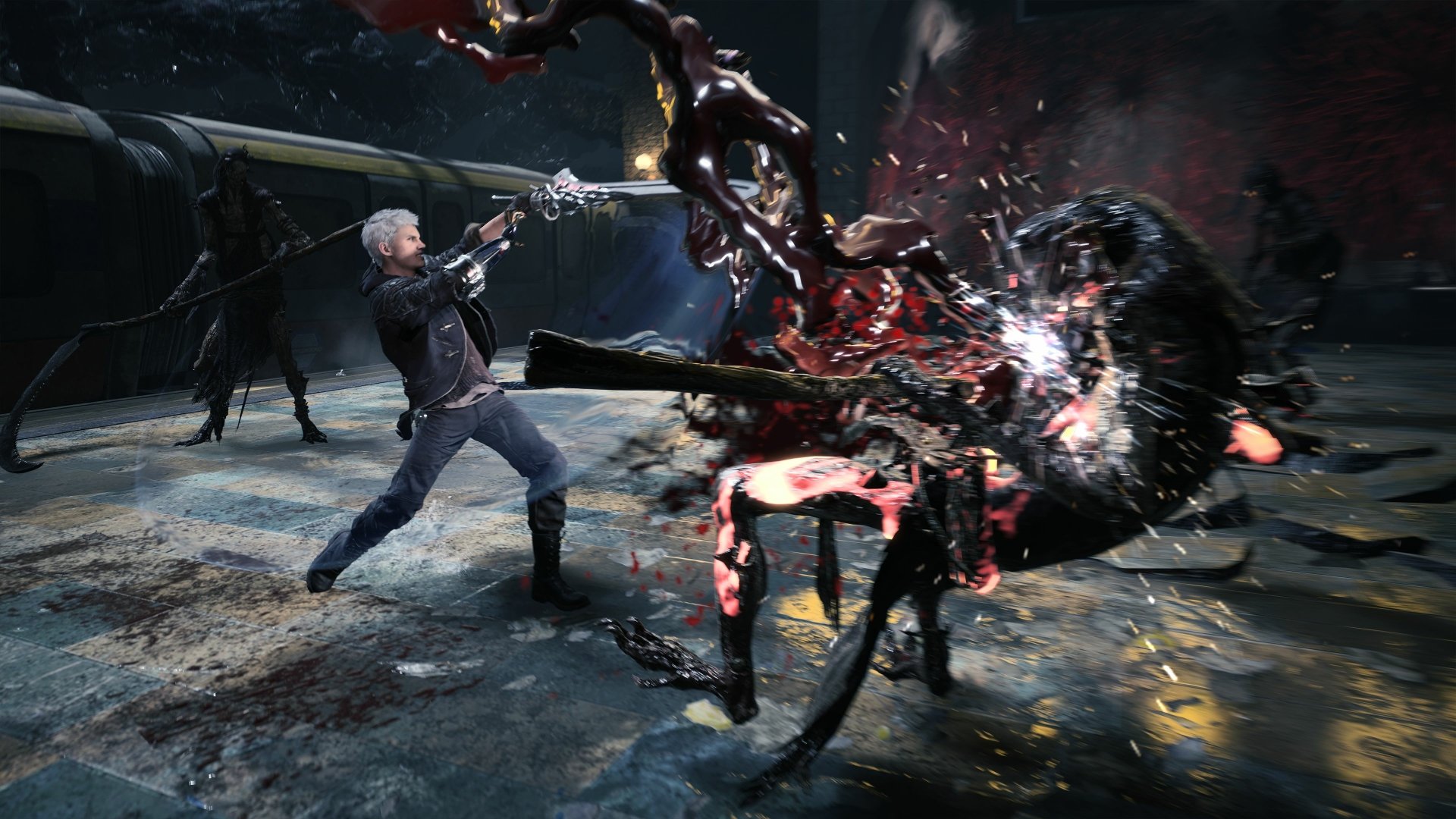 Nero from Devil May Cry 5 battles a monstrous creature in a dynamic 4K Ultra HD video game scene, showcasing intense action and detailed graphics.