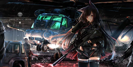 HD desktop wallpaper featuring an anime character with animal ears, long black hair, and a weapon, standing confidently in front of a helicopter in a rainy, dramatic scene.