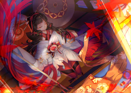 Anime Onmyoji shrine maiden in red-and-white robes with a fox mask, reclining amid lanterns, autumn leaves and glowing talismans — 2K Quad HD PC desktop wallpaper/background.