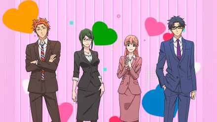 HD PC desktop wallpaper featuring anime characters Hirotaka Nifuji, Narumi Momose, Hanako Koyanagi, and Tarou Kabakura from Wotaku ni Koi wa Muzukashii against a colorful heart background.
