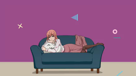 Sad Narumi Momose from Wotaku ni Koi wa Muzukashii lying on a blue sofa, hugging a white plush, with a purple background in this HD anime desktop wallpaper.