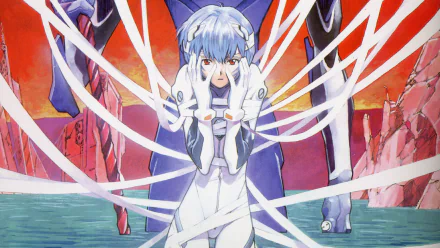 HD anime desktop wallpaper featuring Rei Ayanami from Neon Genesis Evangelion in her plugsuit, surrounded by white ribbons with a dynamic, colorful background.
