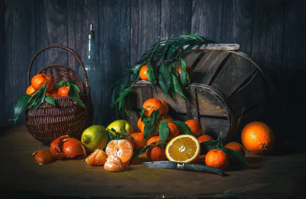 HD desktop wallpaper featuring a still life of mandarins and oranges arranged in and around a basket, with green leaves and a rustic wooden backdrop.