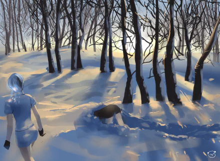HD anime desktop wallpaper featuring Antarcticite from Land of the Lustrous walking through a sunlit, snowy forest with long shadows cast by bare trees.