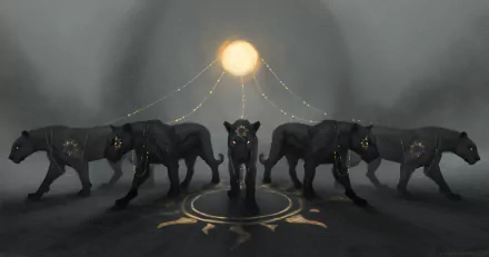 Fantasy black panthers stand in a dark mystical setting beneath a glowing orb, creating a striking HD PC desktop wallpaper with a magical, otherworldly atmosphere.