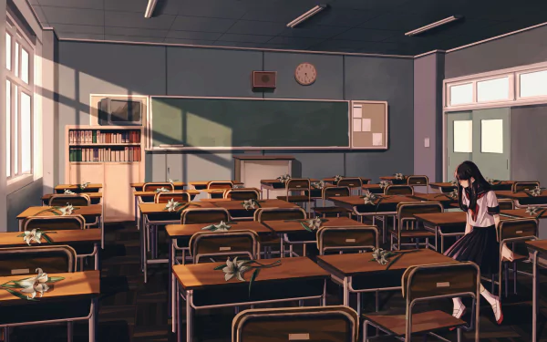 clock television black hair long hair flower classroom Anime Original HD Desktop Wallpaper | Background Image