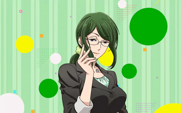 Hanako Koyanagi from the anime Wotaku ni Koi wa Muzukashii stands confidently against a green striped background with colorful circular accents in this HD PC desktop wallpaper.