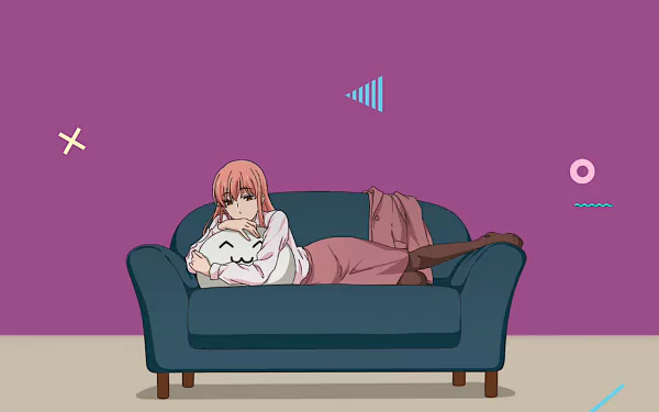 Sad Narumi Momose from Wotaku ni Koi wa Muzukashii lying on a blue sofa, hugging a white plush, with a purple background in this HD anime desktop wallpaper.