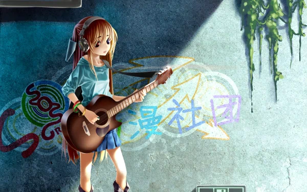Anime character with headphones and an emo style, playing a guitar. The background features HD graffiti art and a distressed wall with hanging vines.