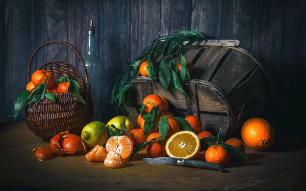 HD desktop wallpaper featuring a still life of mandarins and oranges arranged in and around a basket, with green leaves and a rustic wooden backdrop.