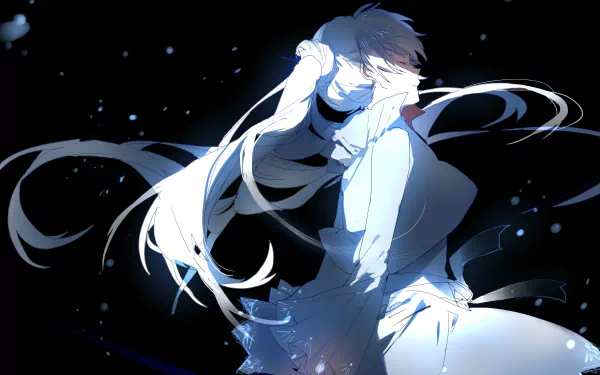HD PC desktop wallpaper featuring Weiss Schnee from the anime RWBY, depicted in a dynamic pose with flowing hair and a dark, starry background.