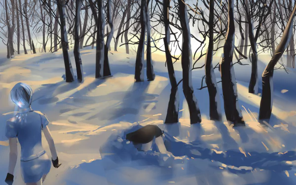 HD anime desktop wallpaper featuring Antarcticite from Land of the Lustrous walking through a sunlit, snowy forest with long shadows cast by bare trees.