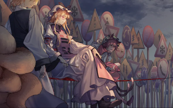 HD PC desktop wallpaper — Touhou anime scene of Yukari Yakumo and Ran Yakumo seated on a fence with Chen, dusk sky and whimsical signpost-filled background.