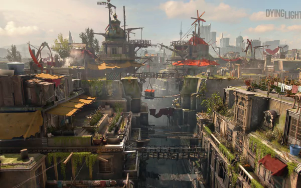 4K Ultra HD PC desktop wallpaper of an urban, post-apocalyptic landscape from the video game Dying Light 2: Stay Human, featuring detailed buildings and distant city skyline.