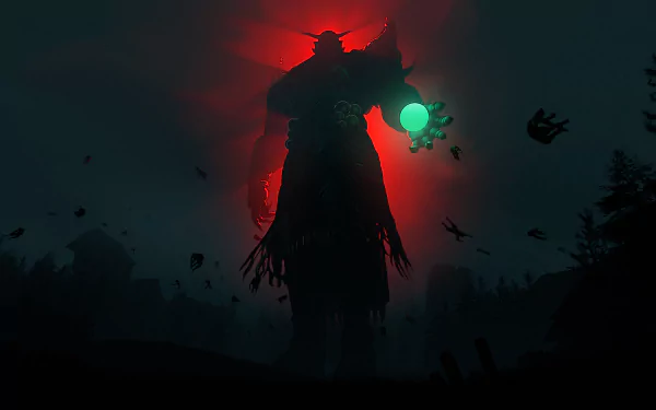 A dark giant demon shrouded in shadows holds a glowing green orb, set against a red-lit night sky in this 4K Ultra HD magic-themed desktop wallpaper.