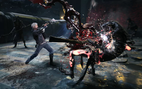 Nero from Devil May Cry 5 battles a monstrous creature in a dynamic 4K Ultra HD video game scene, showcasing intense action and detailed graphics.