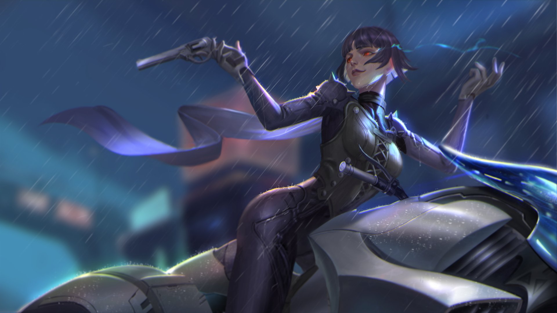 Makoto Niijima from Persona 5 rides a sleek motorcycle in the rain, captured in detailed 8K Ultra HD PC desktop wallpaper quality.