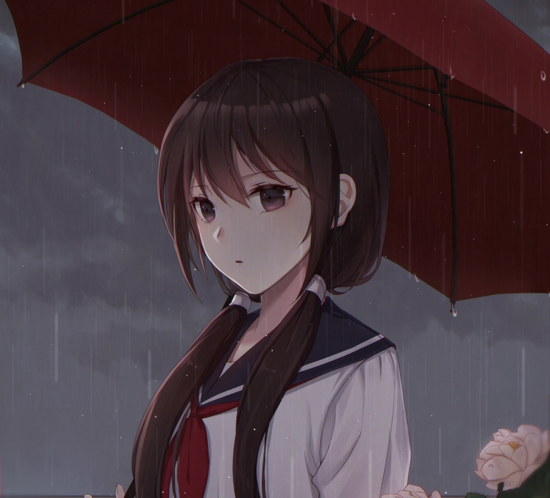 An anime girl with brown, long hair in twintails stands in the rain under a red umbrella. The image is a HD desktop wallpaper and background tagged with brown hair, rain, umbrella, twintails, long hair, Anime, Original.