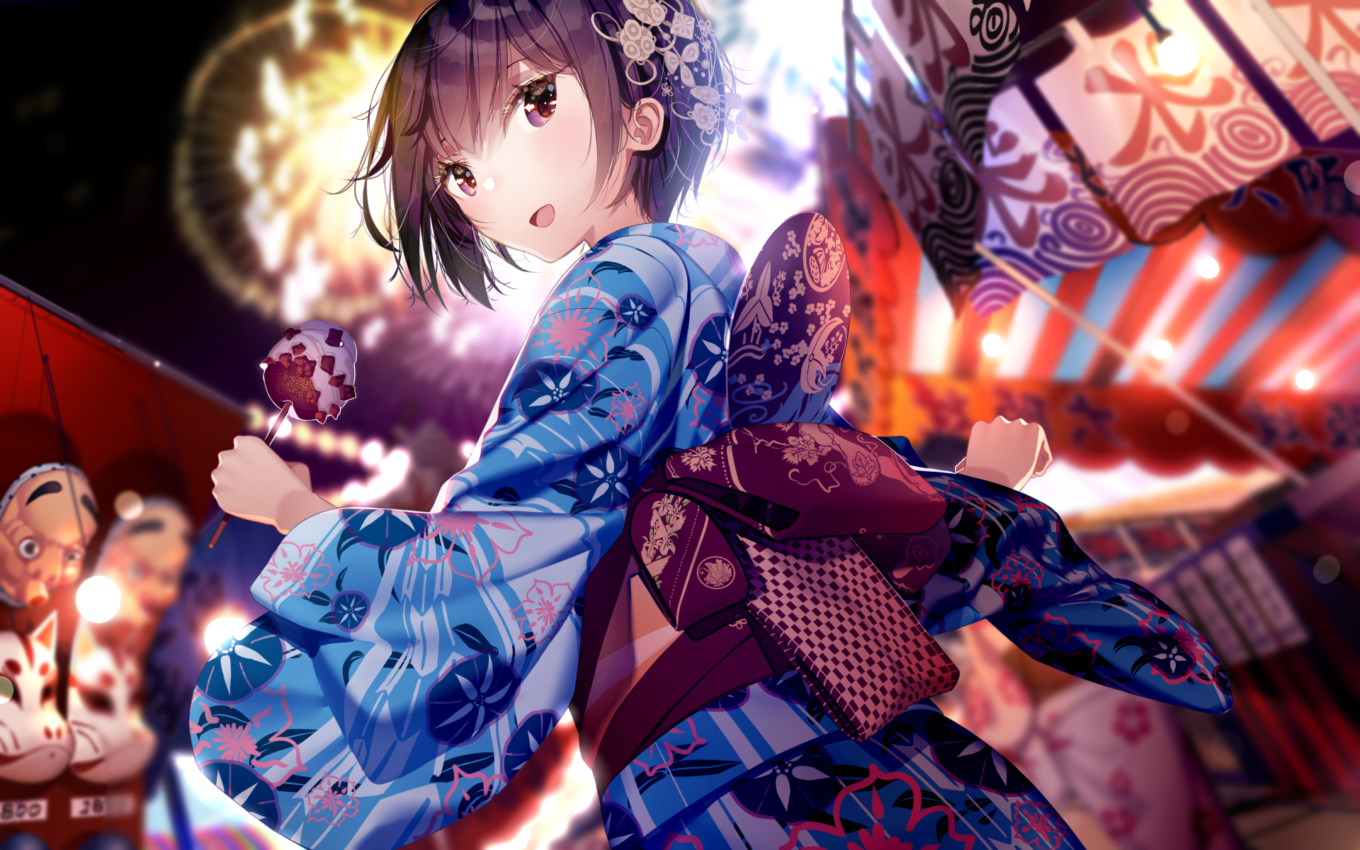 HD PC desktop wallpaper featuring an original anime girl in a vibrant festival setting, wearing a detailed blue yukata with bright lanterns illuminating the scene.