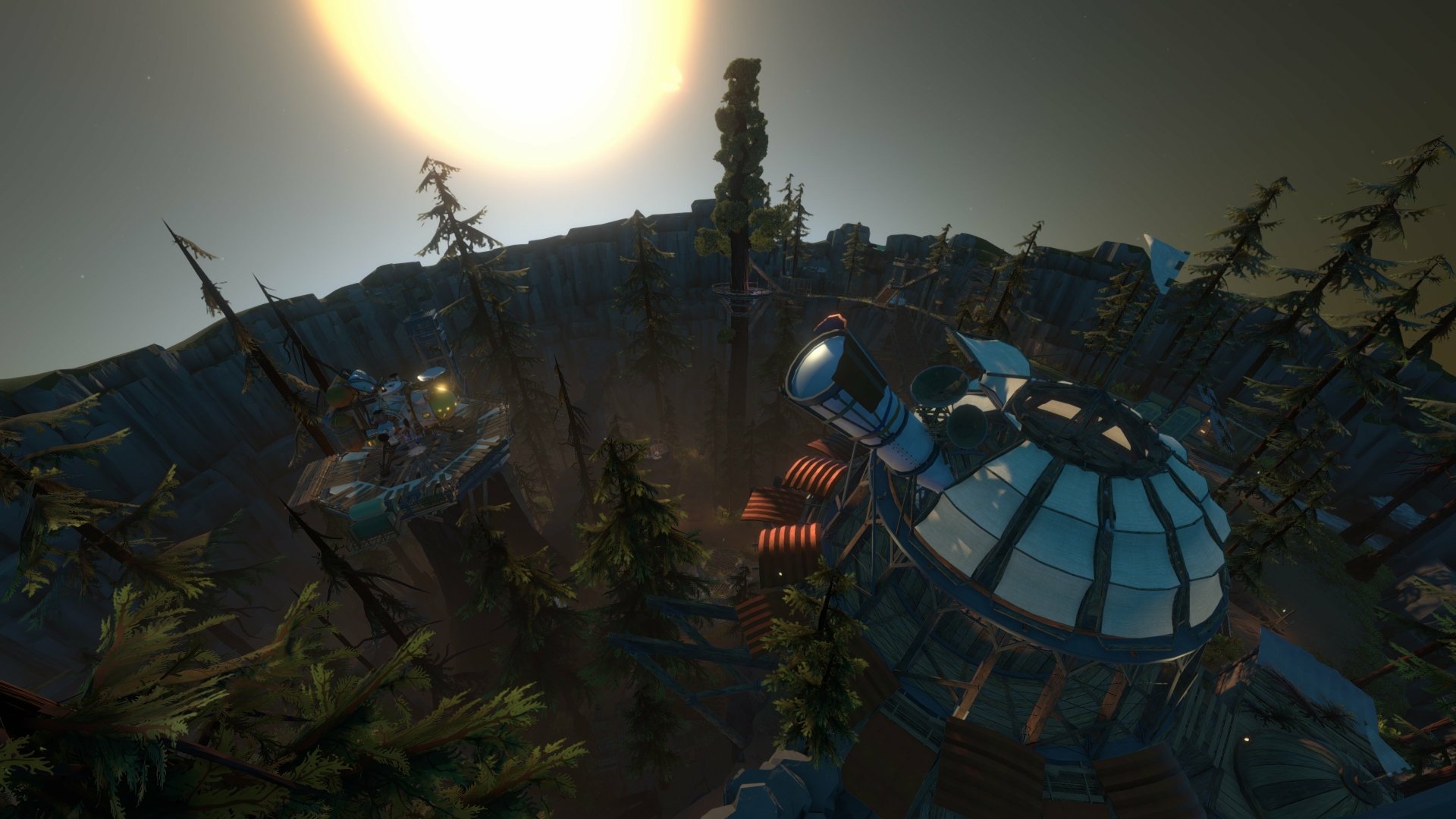 HD wallpaper of Outer Wilds featuring an observatory amid forest ruins under a sunset.
