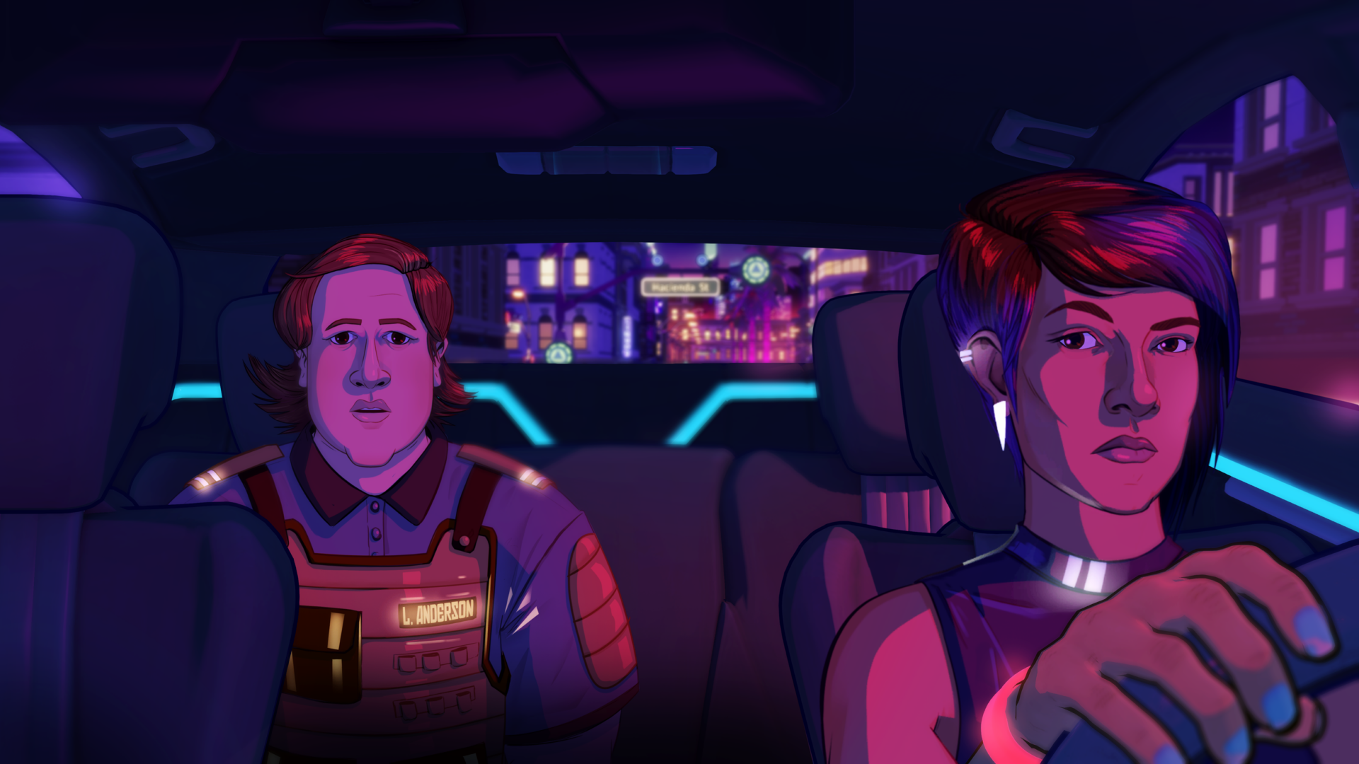 HD desktop wallpaper featuring a scene from Neo Cab with a driver and passenger inside a neon-lit futuristic cab.