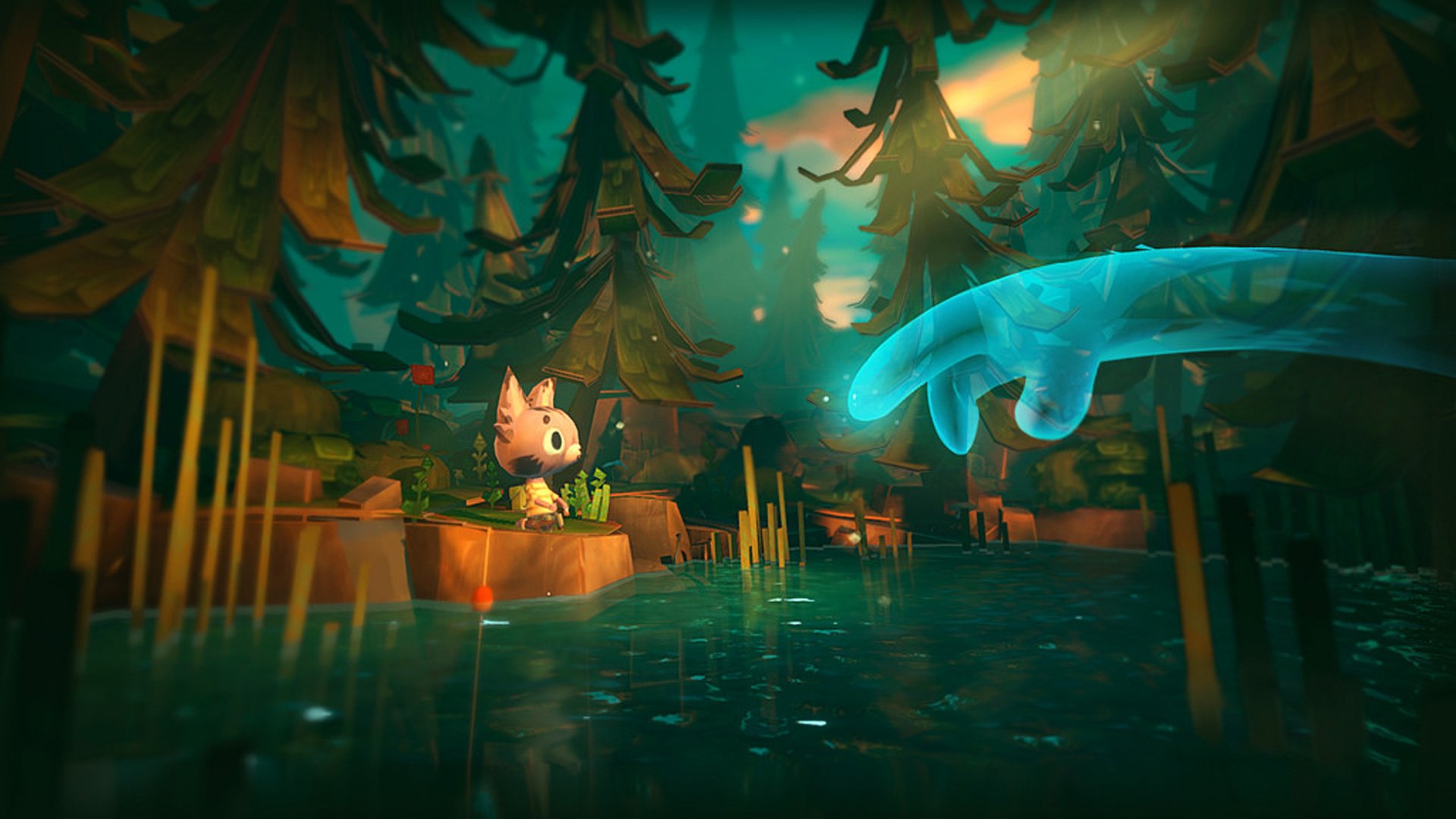 HD desktop wallpaper of Ghost Giant game featuring a spectral hand reaching towards a small character in a mystical forest setting.