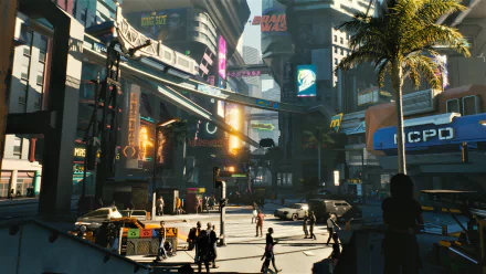 HD desktop wallpaper featuring a vibrant cityscape from the video game Cyberpunk 2077, showcasing futuristic buildings, bustling streets, and neon signs.