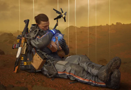 Sam Porter Bridges from Death Stranding cradles a BB pod, set against a desolate landscape in this HD PC desktop wallpaper and background.