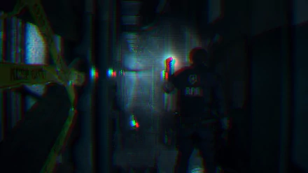 Leon S. Kennedy (Resident Evil 2, 2019) HD PC wallpaper: silhouetted in a dim corridor, flashlight and pistol raised, with a glitchy RGB/chromatic aberration effect.