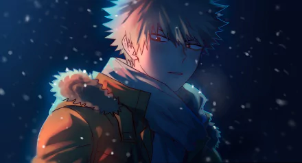 HD desktop wallpaper featuring Katsuki Bakugou from My Hero Academia, set against a dark, snowy background.