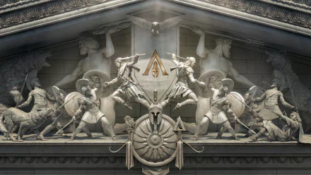 HD desktop wallpaper and background from the video game Assassin's Creed Odyssey, featuring an ornate stone carving of ancient warriors and horses, with the game's logo prominently displayed in the center.