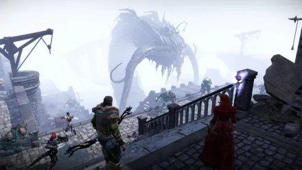 4K Ultra HD PC wallpaper from Divinity: Original Sin II — a group of adventurers on a foggy citadel terrace overlooking a massive, looming sea-monster.