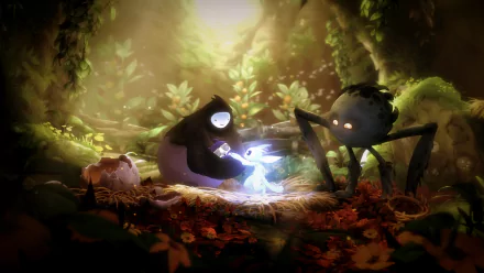 HD wallpaper featuring characters from Ori and the Will of the Wisps in an enchanting forest scene.