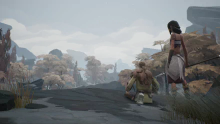 HD desktop wallpaper from the game Ashen featuring two characters traversing a rocky, misty landscape.